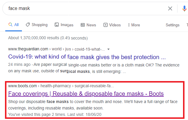 Boots search result for face masks